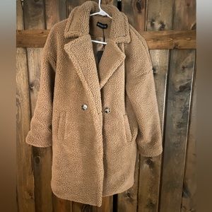 Camel Borg Lapel Drop Arm Midi Coat - PrettyLittleThing- size 2